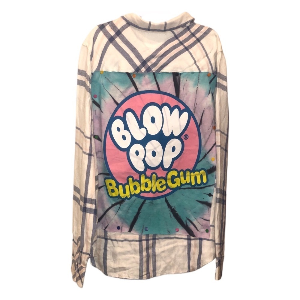 Blue, White, & Pink Plaid Shirt W/ Blow Pop Back Patch